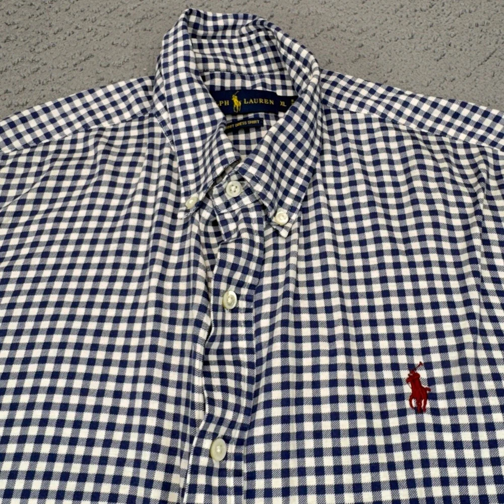Polo Ralph Lauren Knit Dress Shirt Mens XL Blue Gingham Pima Cotton Pony